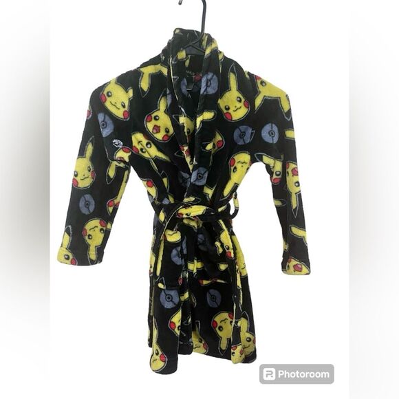 Pokemon Pikachu Kids Black Plush Tie Front Robe Sz 8 - Picture 1 of 6
